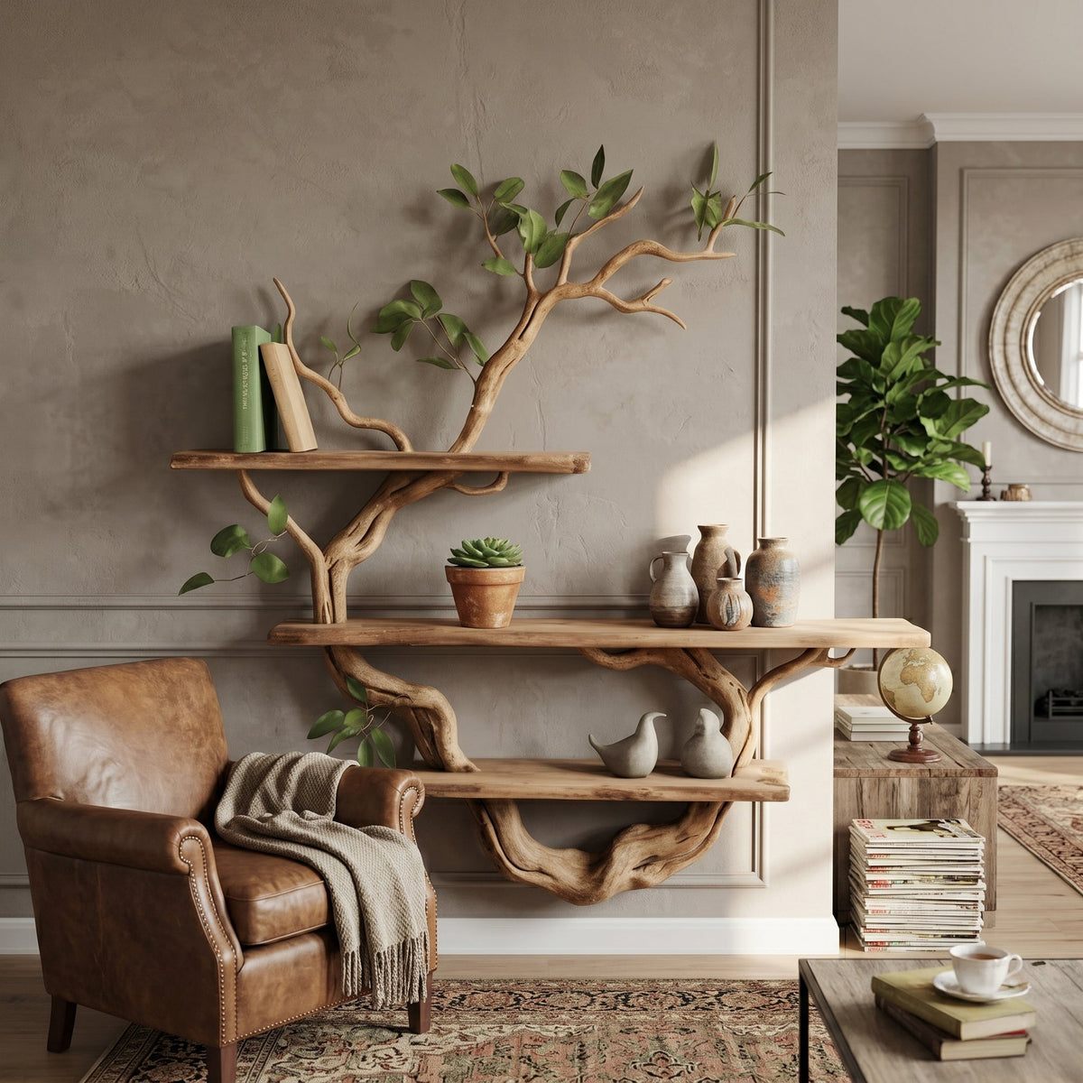 Minimalistische boom wandplank met massief houten takkenontwerp