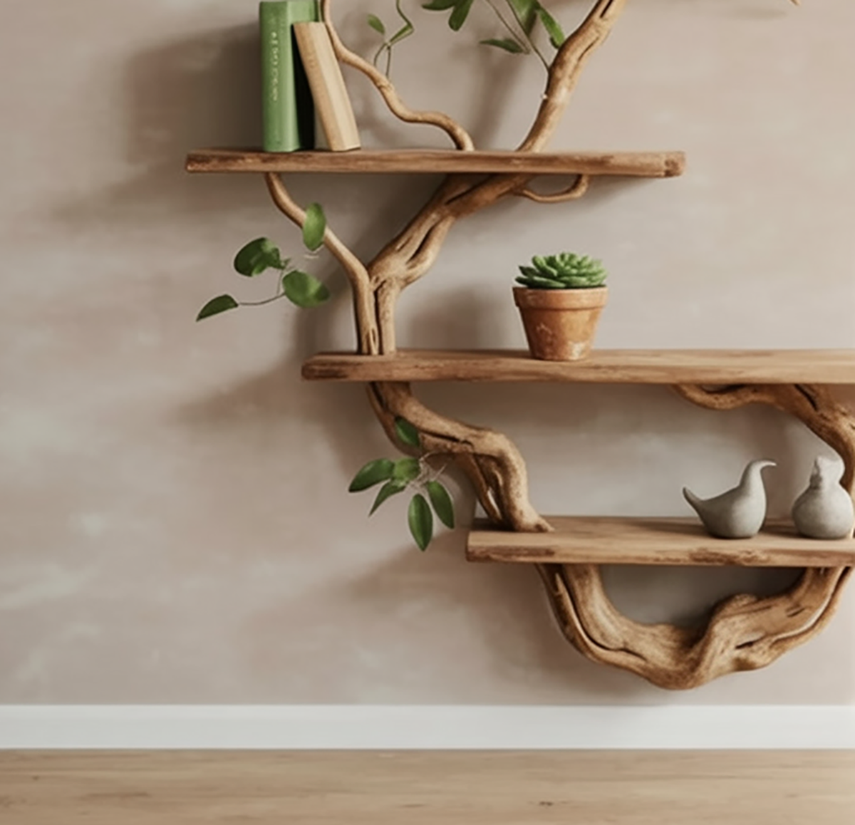 Houten takken wandplank voor boeken en decoratieve presentatie