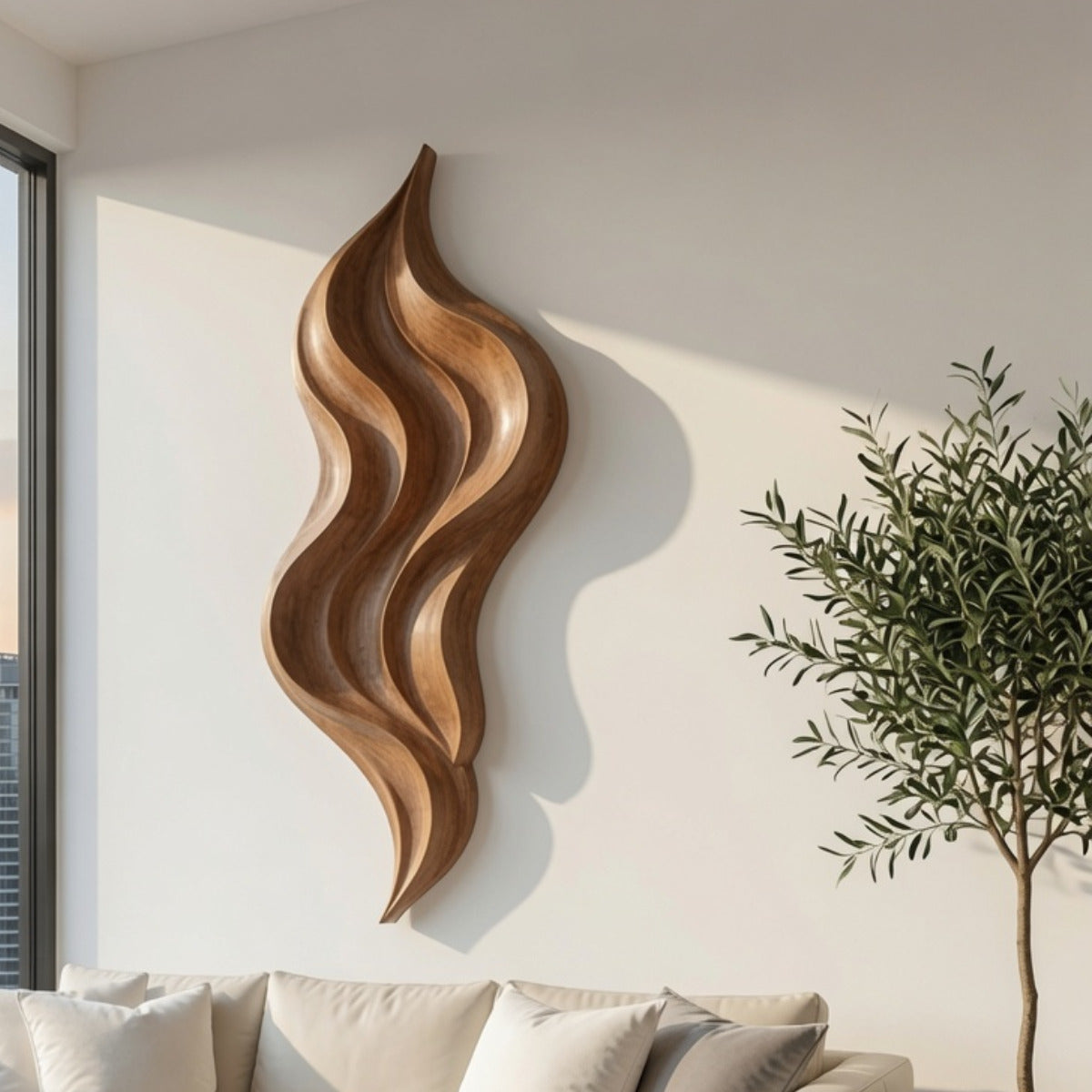 Organisch hardhouten wandpaneel in een minimalistisch interieur