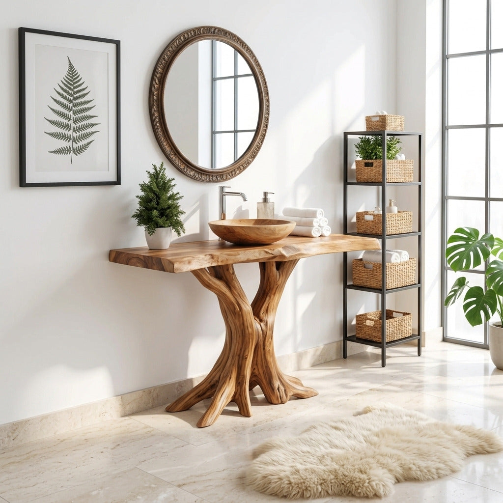 Boomrand hardhouten badkamermeubel in een luxe interieur