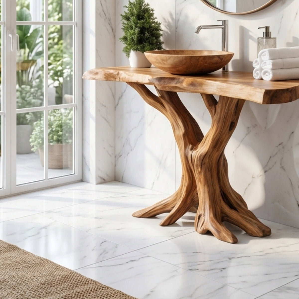 Boomrand hardhouten badkamermeubel in een luxe interieur