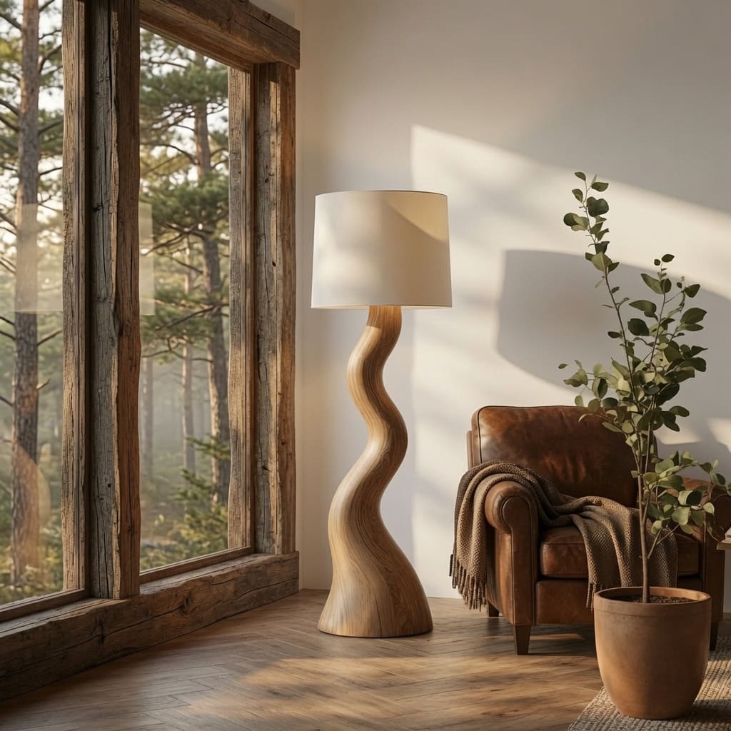 Moderne sculpturale vloerlamp handgemaakt van natuurlijk massief hout