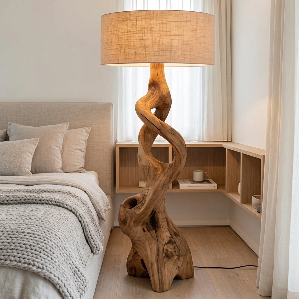 Eigentijdse hardhouten vloerlamp in een gezellige slaapkamer