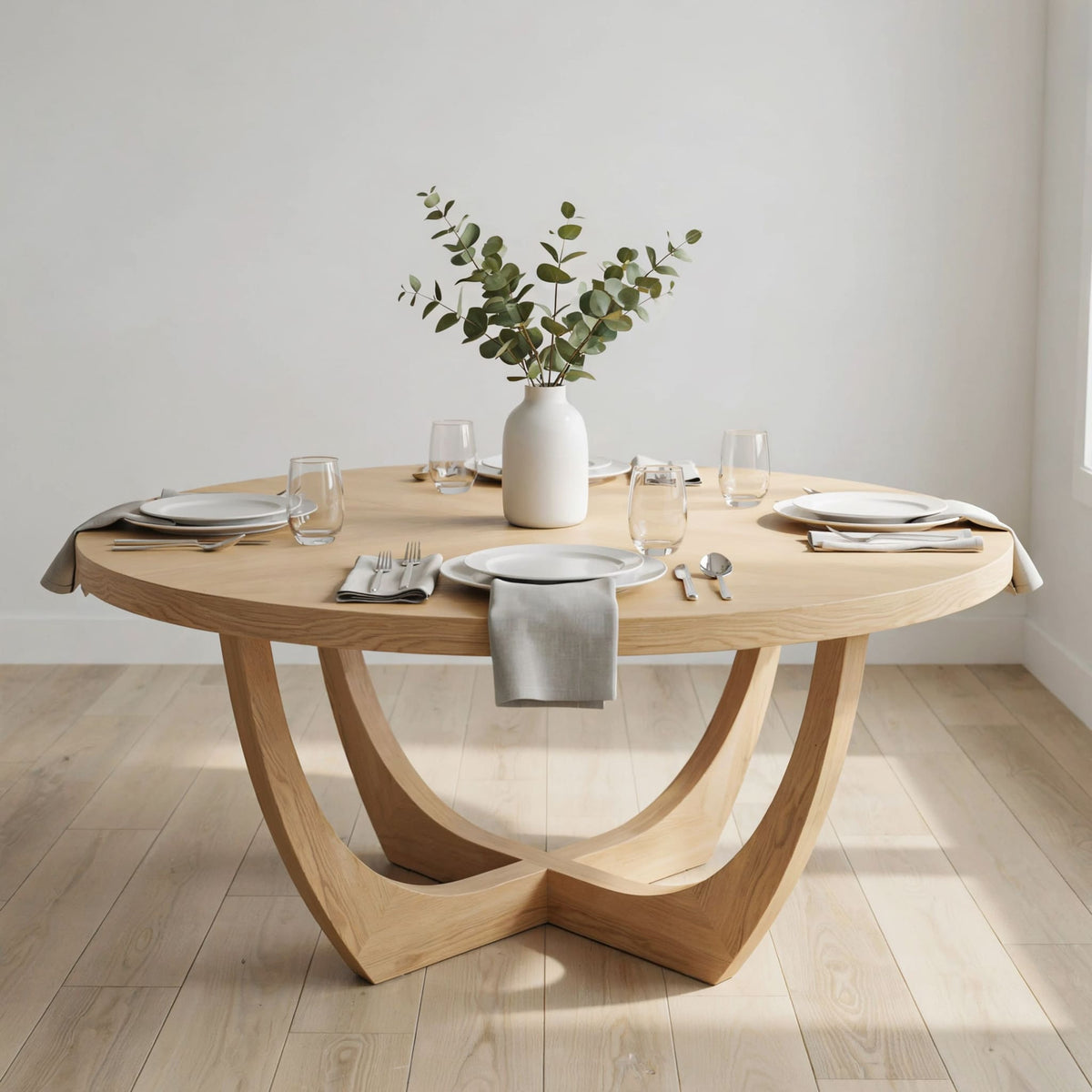 Moderne sculpturale eettafel van eersteklas massief hout met rond silhouet