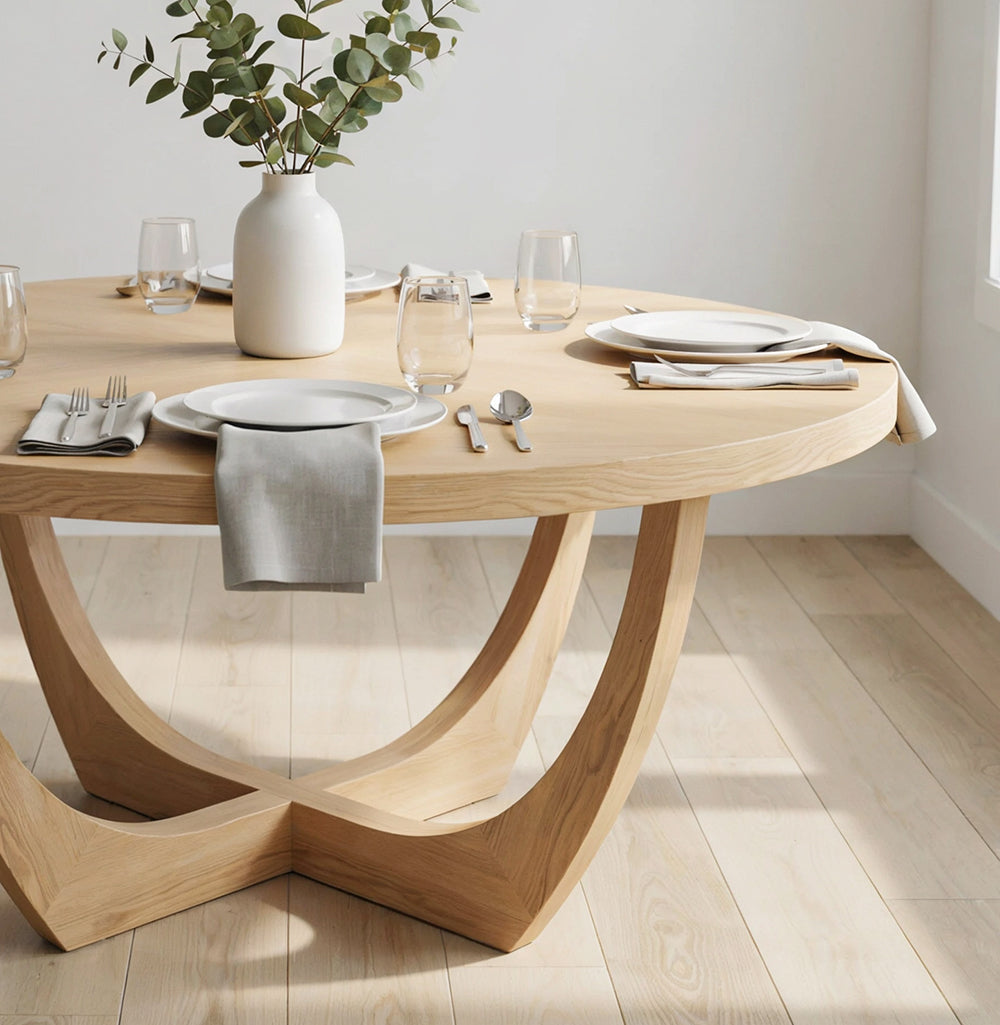 Handgemaakte ronde eettafel met organisch ontwerp en natuurlijke houtnerf