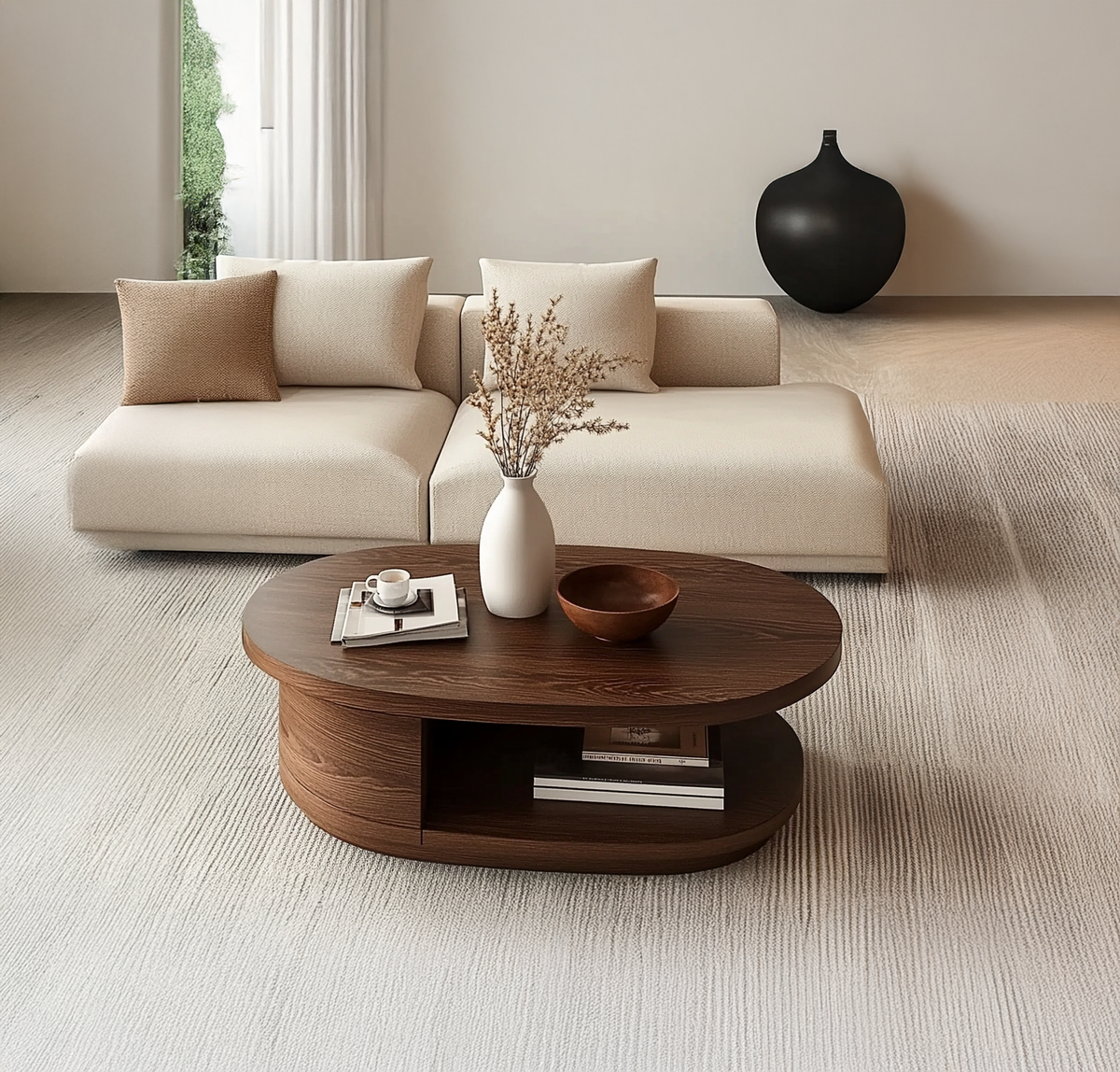Moderne ronde massief houten salontafel met artistiek gebogen voet