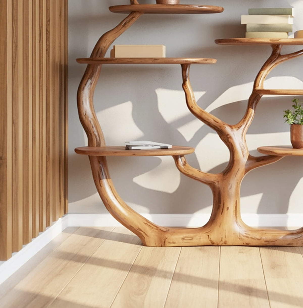 Handgemaakte wandboomboekenplank met natuurlijk takkensilhouet