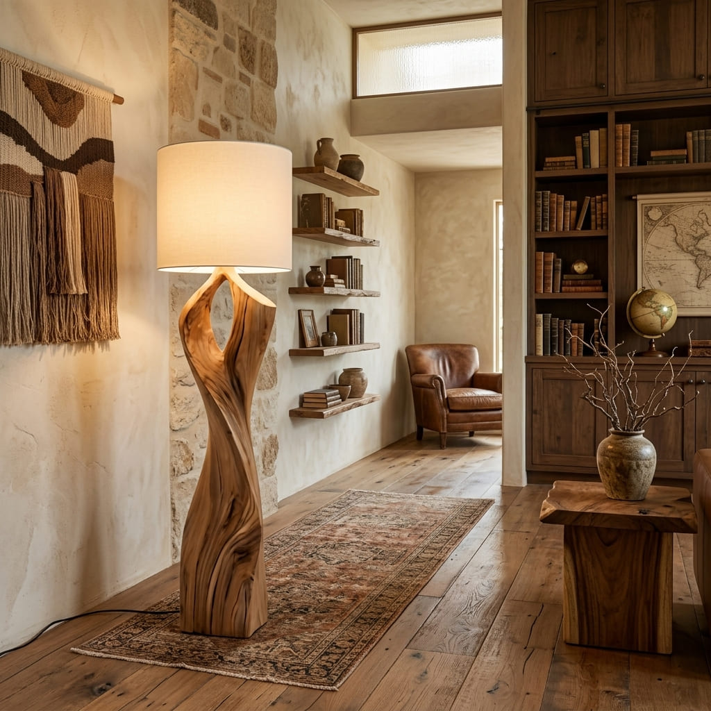 Luxe boomrand vloerlamp in een elegante leefruimte