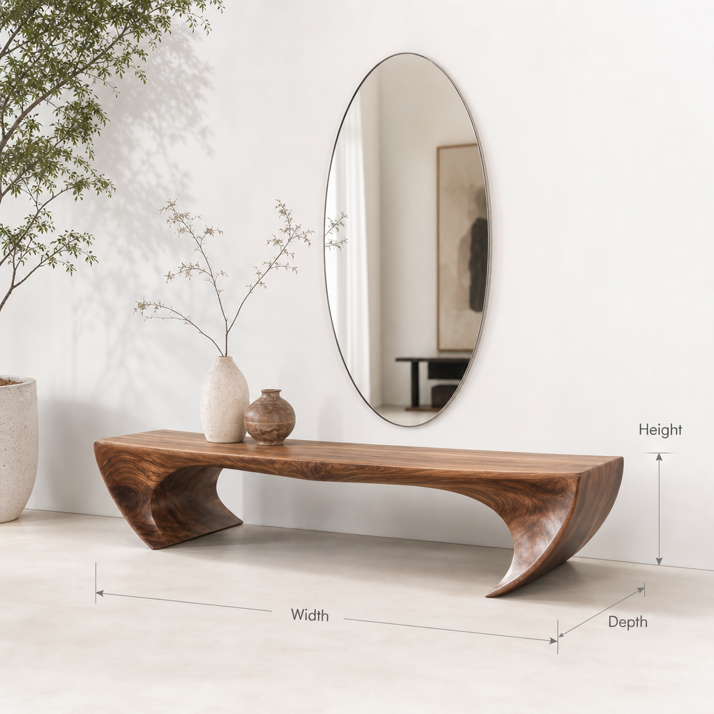 Sculpturale massief houten zitbank voor minimalistische haldecoratie