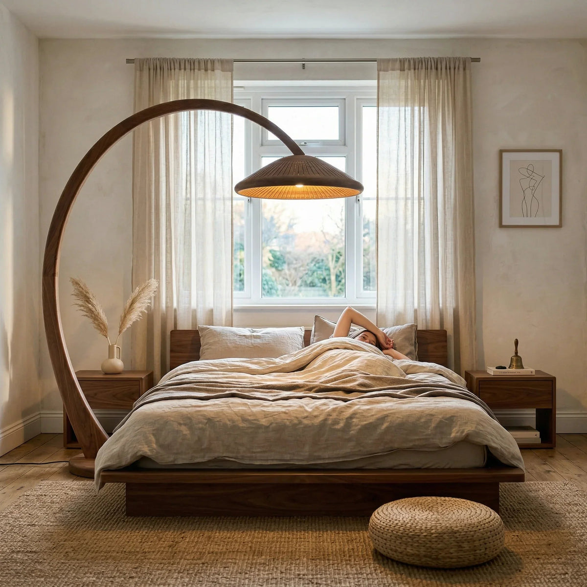 Houten paddenstoel booglamp met parasolkap boven massief houten bed