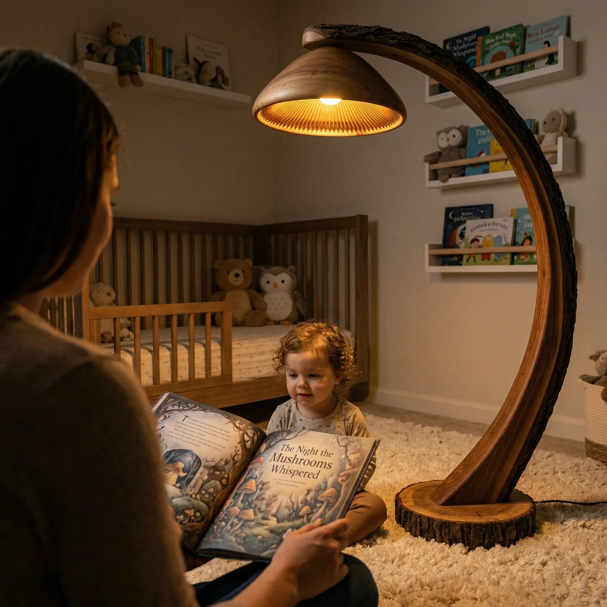Curved log stem mushroom arc floor lamp with bell gill slat wood shade in cozy nursery.