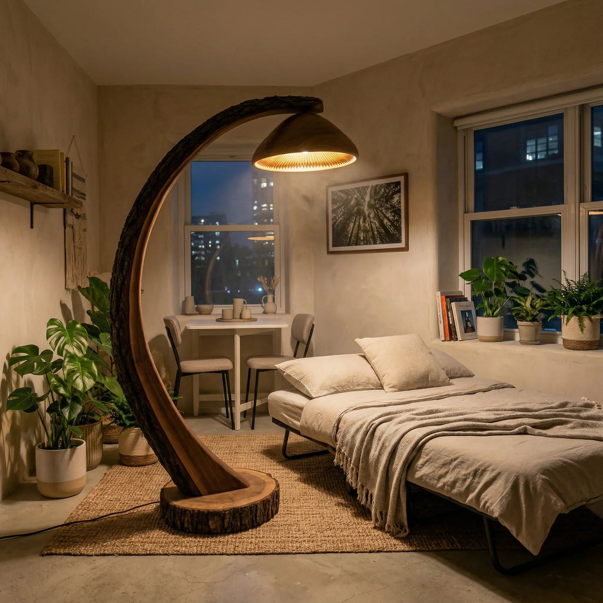 Mushroom arc floor lamp with bark-on log stem and slatted wood shade in cozy bedroom