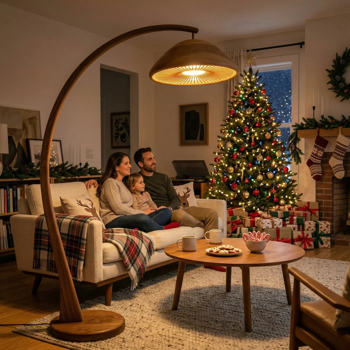 Boogvormige houten paddenstoel vloerlamp met lamellenkap in gezellige woonkamer