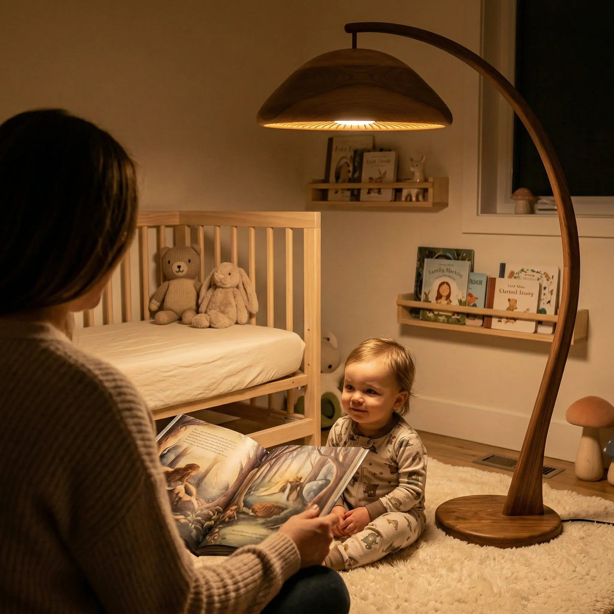 Handcrafted mushroom arc floor lamp with wood dome shade in cozy nursery setting