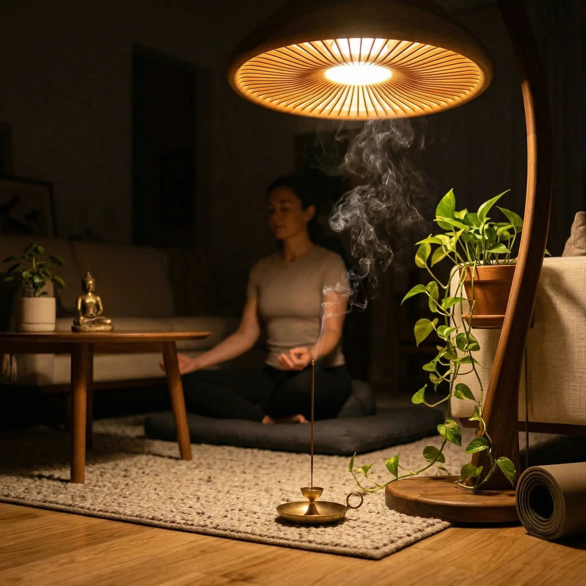 Handcrafted wooden arc floor lamp with mushroom dome shade beside a woman meditating indoors