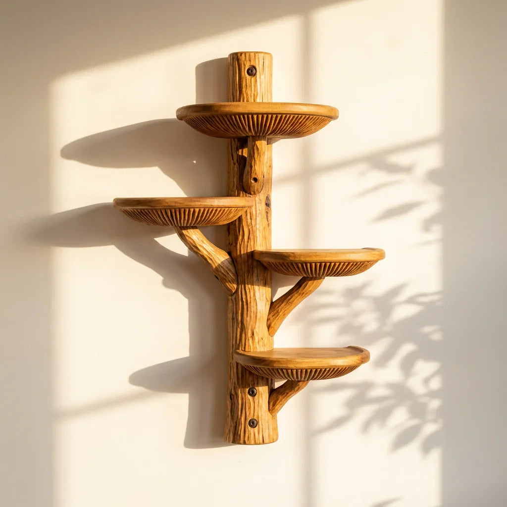 Halfronde massief houten paddenstoel wandplank met diepe schalen en lamellen