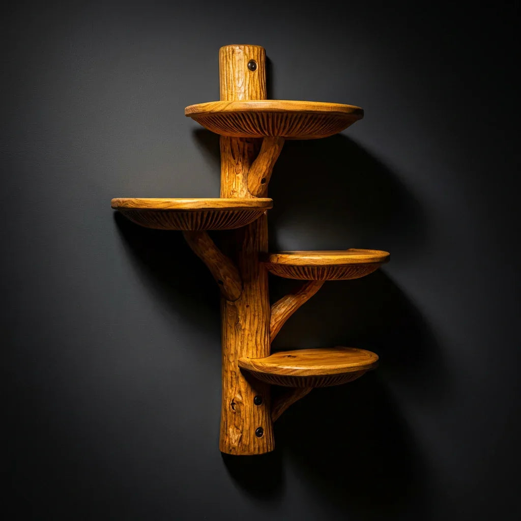 Halfronde massief houten paddenstoel wandplank met diepe schalen en lamellen