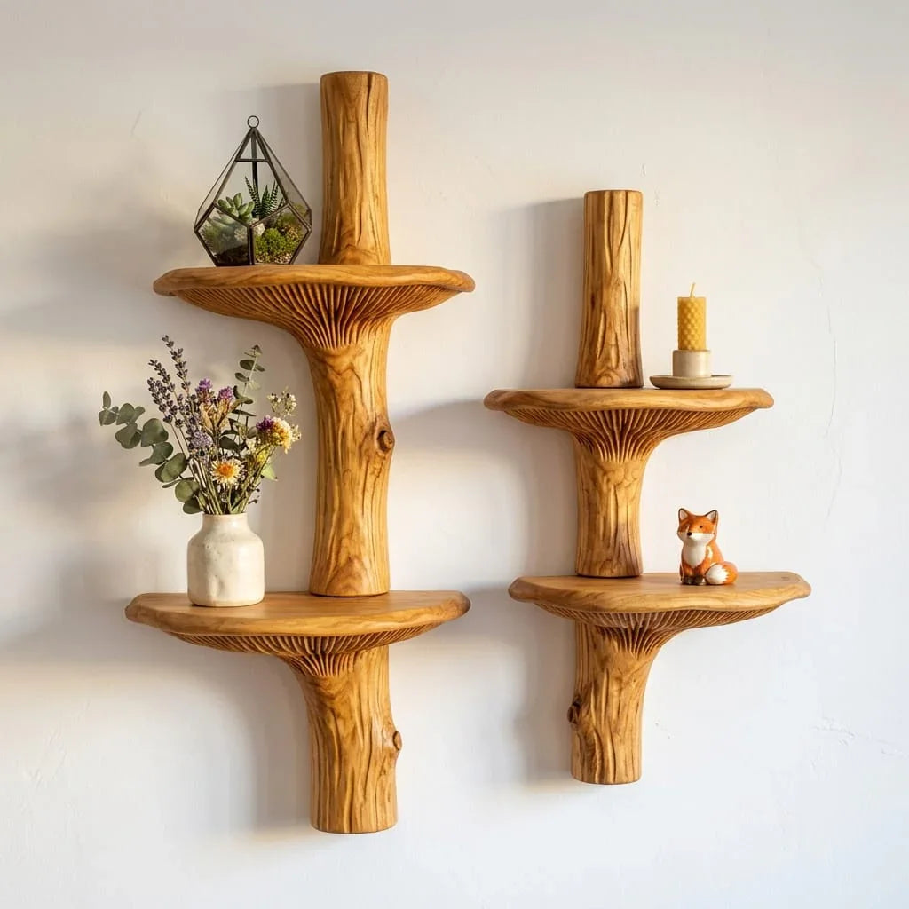 Robuuste boomstam wandplank met natuurlijke schors en brede paddenstoel plateaus