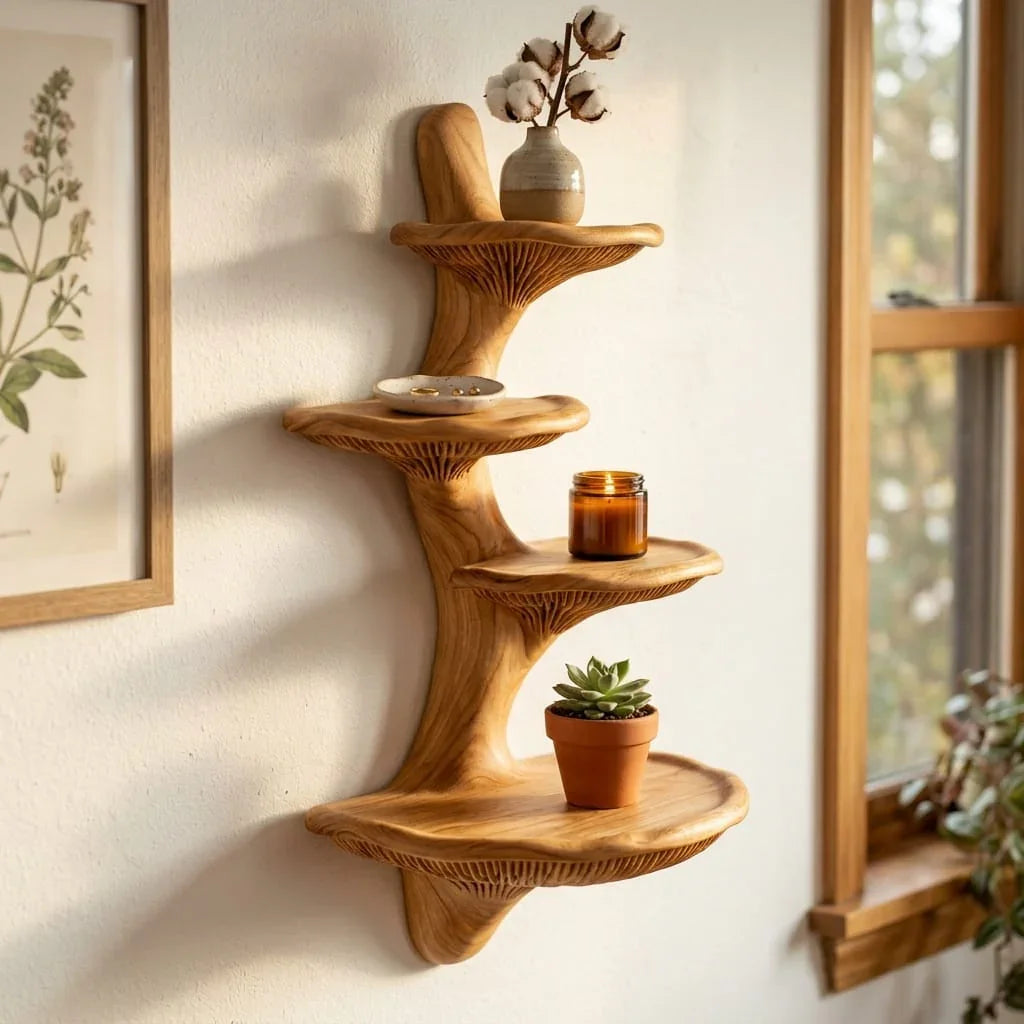 Trapsgewijze paddenstoel wandplank van massief hout met vier plateaus
