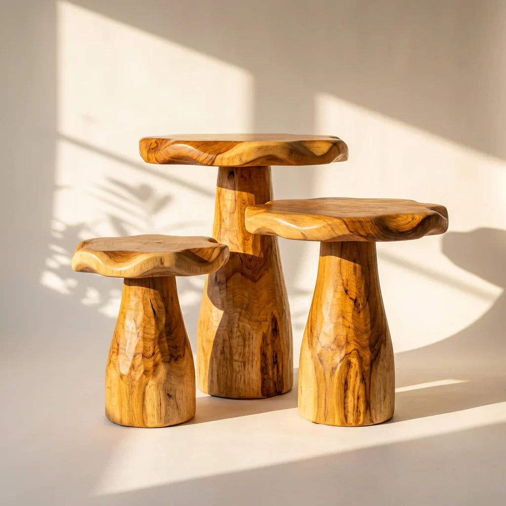 Handgesneden massief houten paddenstoel krukje en bijzettafel met boomrand