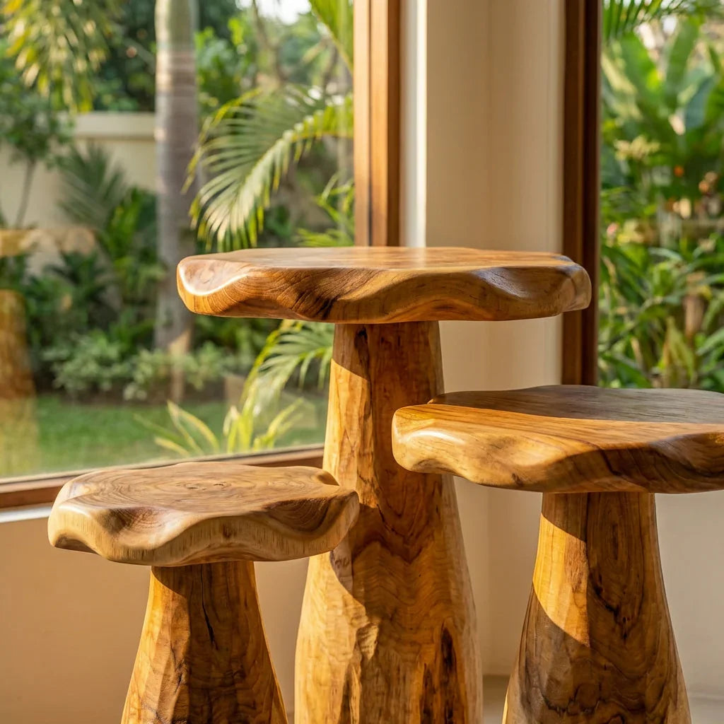 Handgesneden massief houten paddenstoel krukje en bijzettafel met boomrand