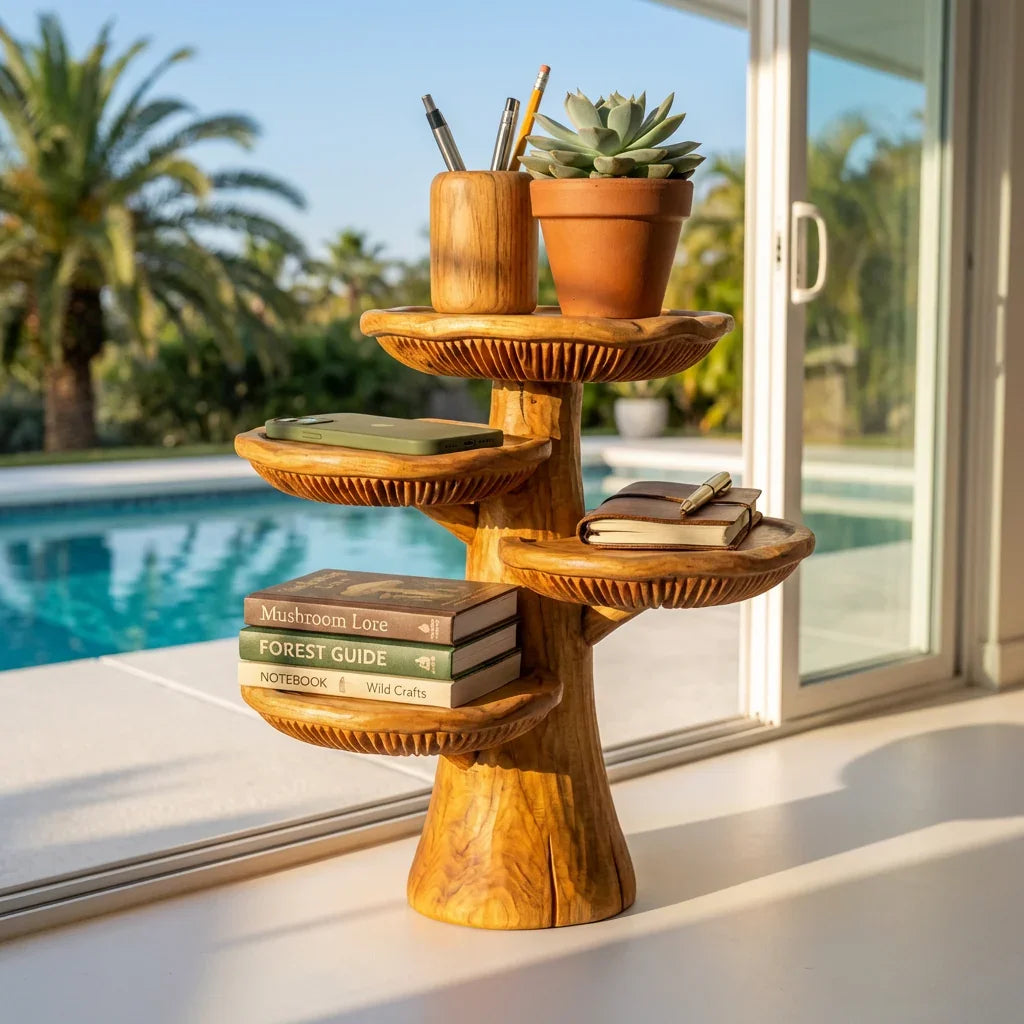 Handgemaakte houten paddenstoel bureau-organizer van massief hout