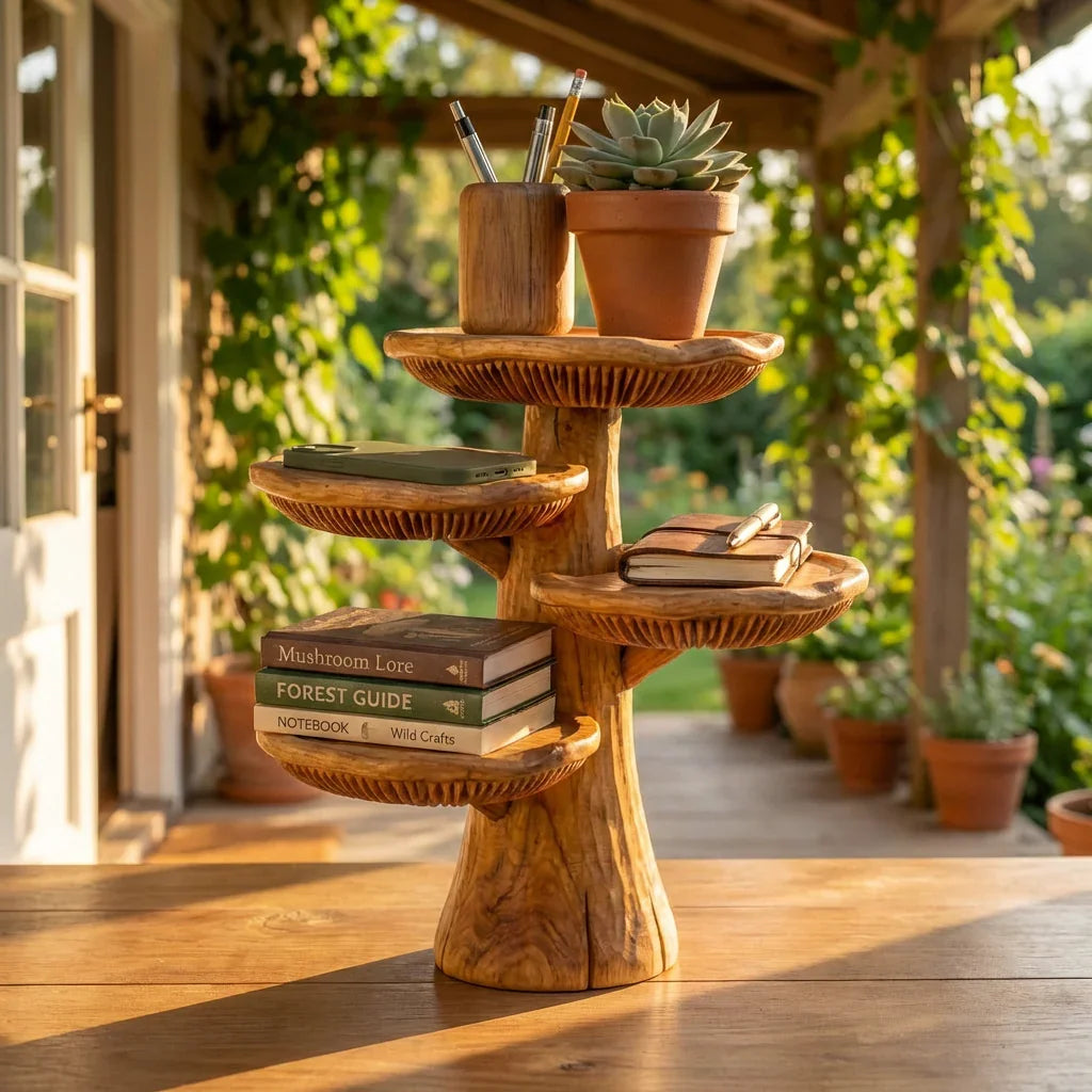 Handgemaakte houten paddenstoel bureau-organizer van massief hout