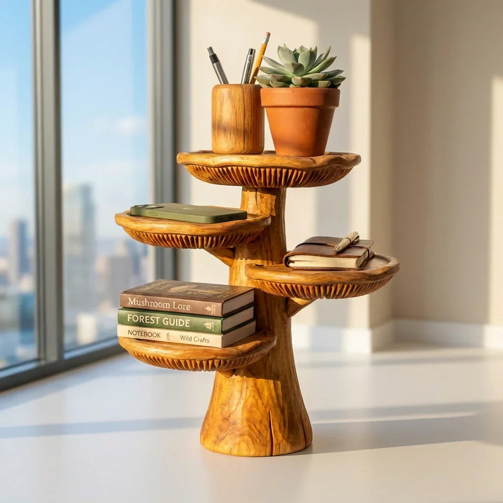 Handgemaakte houten paddenstoel bureau-organizer van massief hout