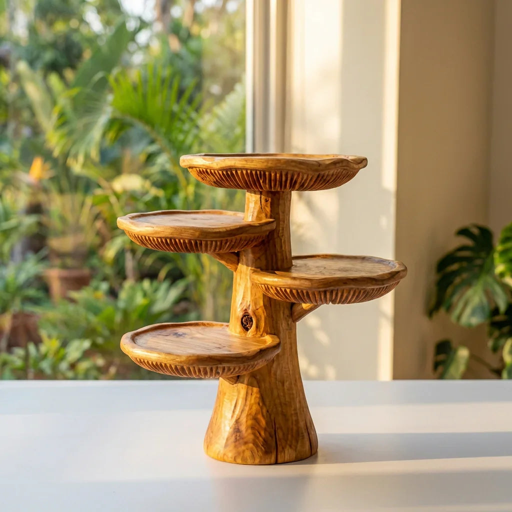 Handgemaakte houten paddenstoel bureau-organizer van massief hout