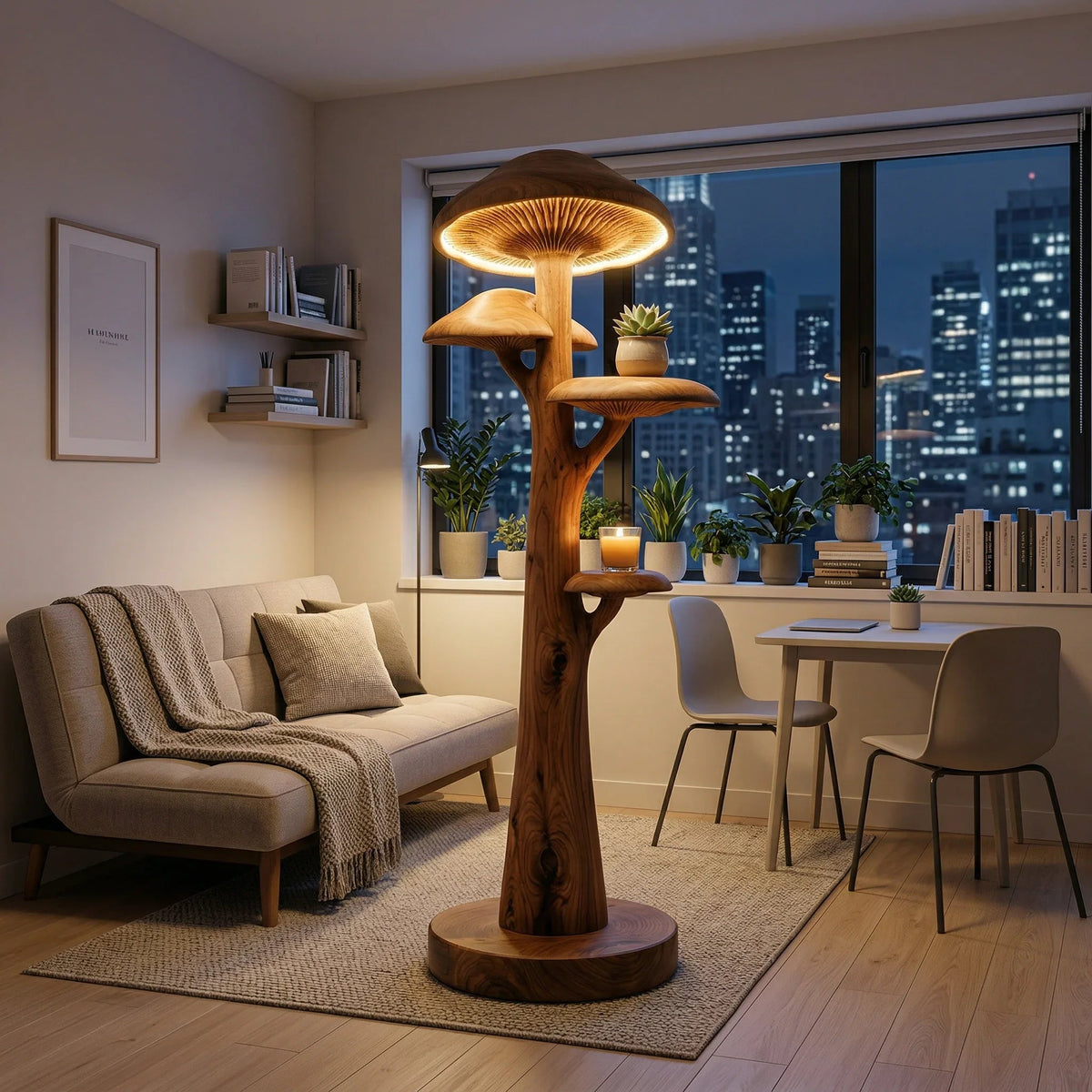 Paddenstoel boom vloerlamp met oplichtende kap en houten schappen in woonkamer