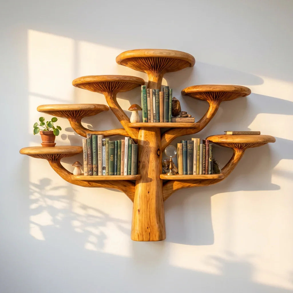 Zwevende boomtak paddenstoel wandplank met boeken en planten