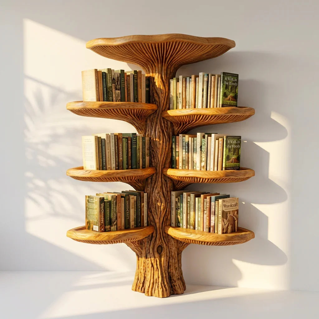 Massief houten symmetrische paddenstoel wandboekenkast met vier niveaus