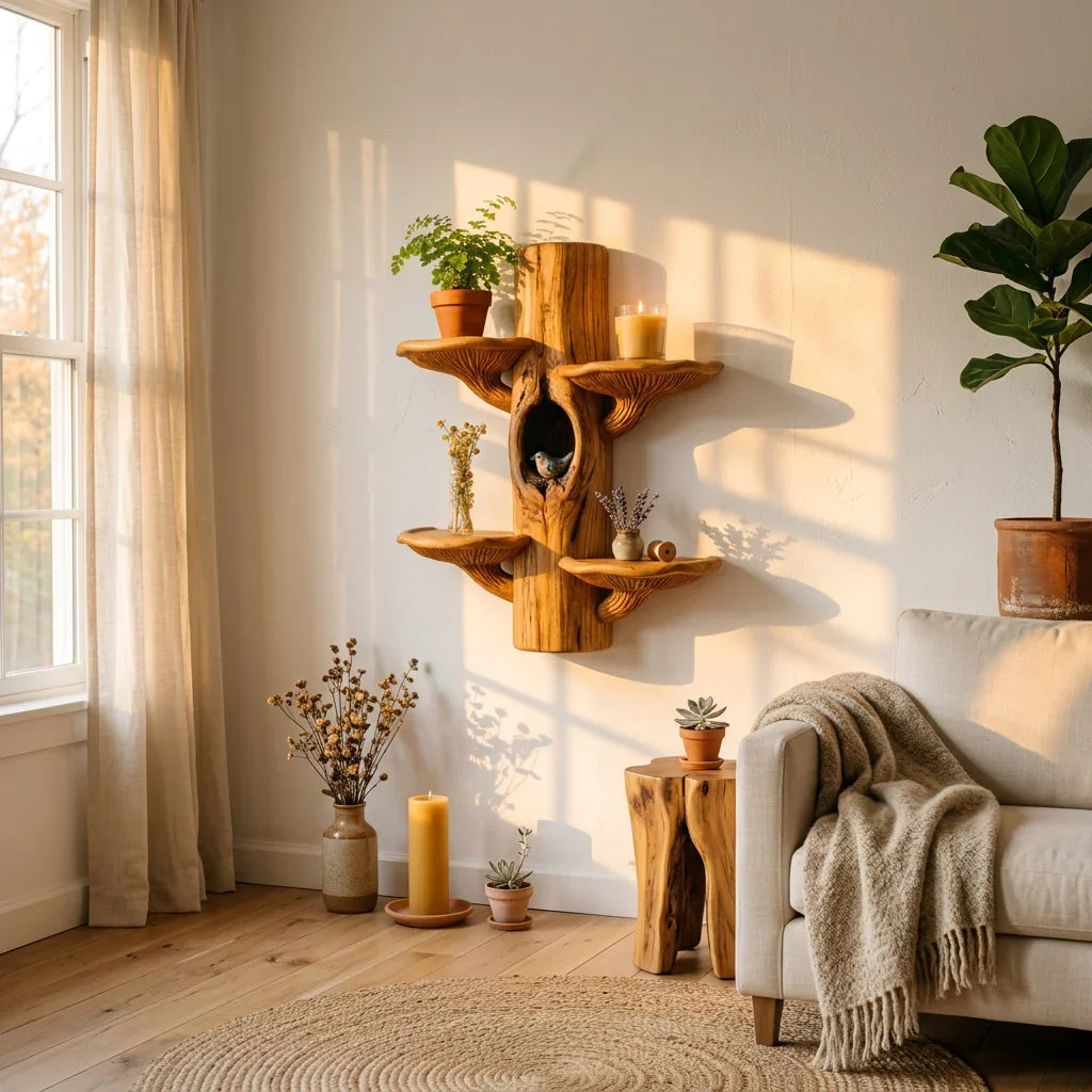 Symmetrische houten paddenstoel wandplank met waaiervormige schappen