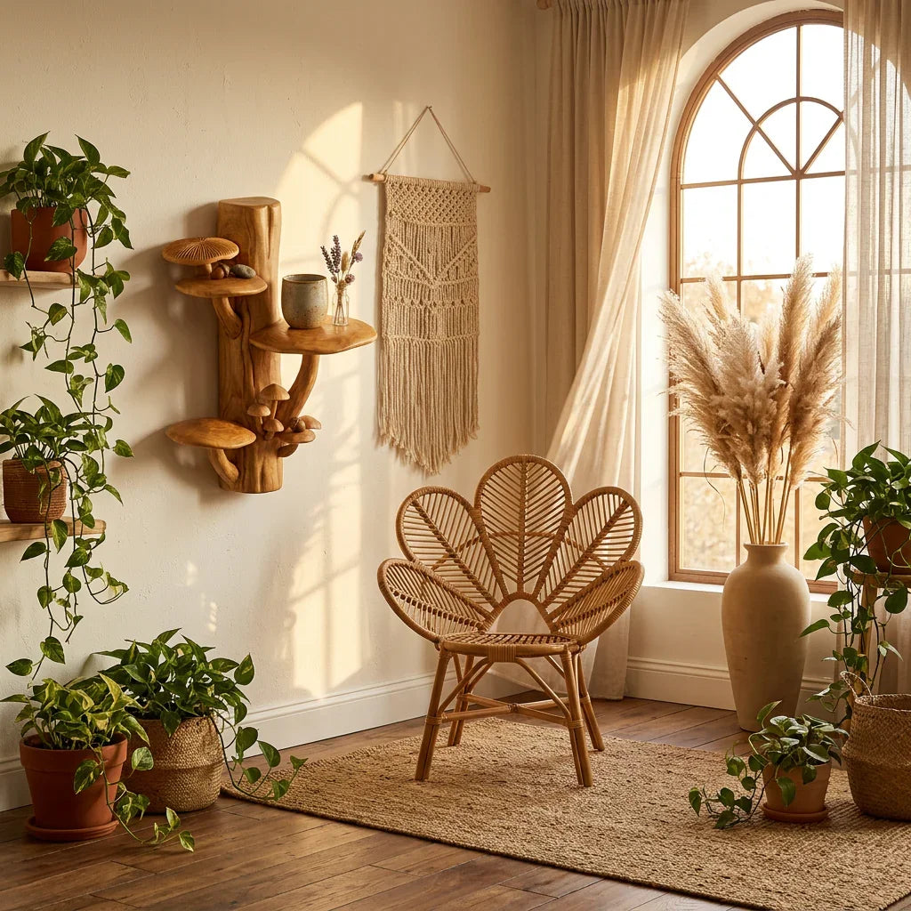 Boomstam wandplank met vier schappen en miniatuur paddenstoelencluster