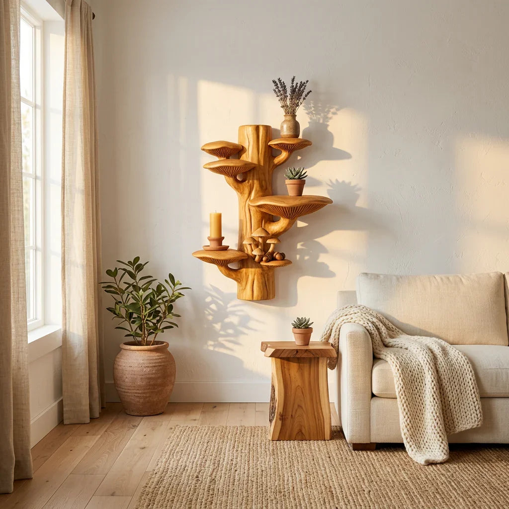 Boomstam wandplank met vier schappen en miniatuur paddenstoelencluster