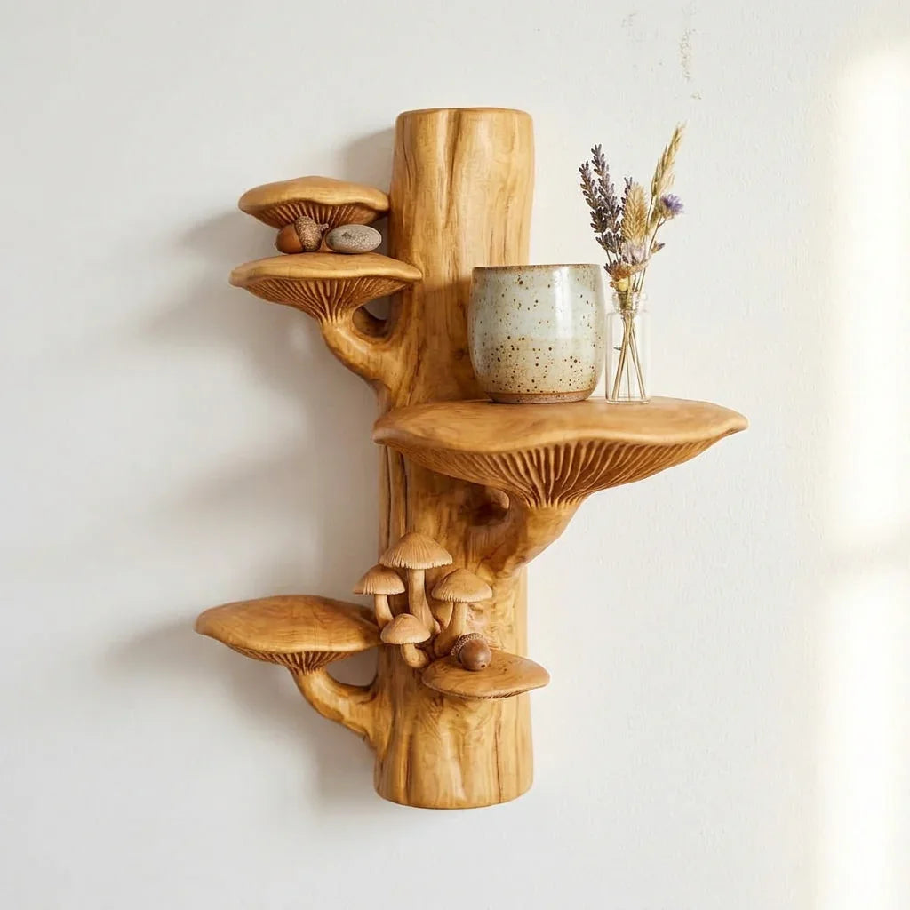 Boomstam wandplank met vier schappen en miniatuur paddenstoelencluster