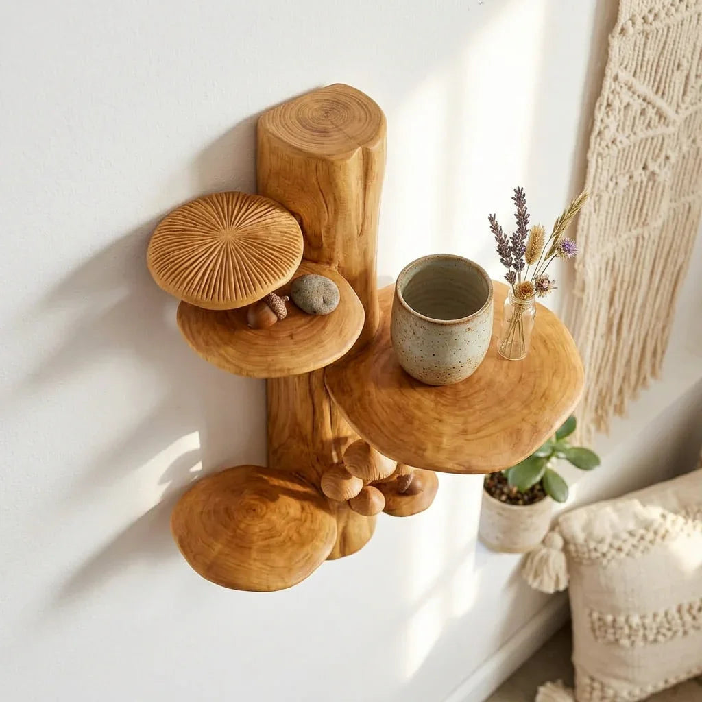 Boomstam wandplank met vier schappen en miniatuur paddenstoelencluster