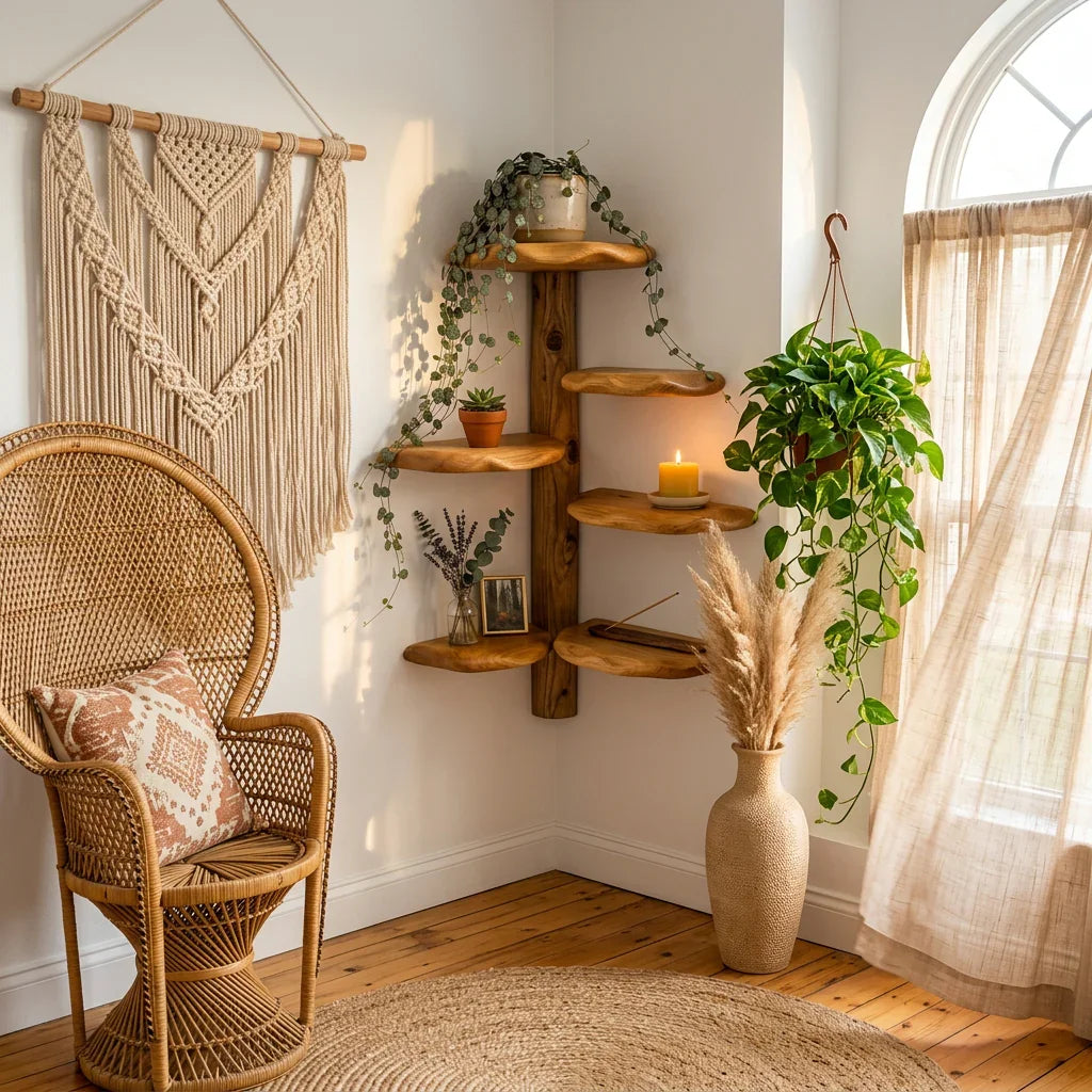 Vloer tot plafond massief houten hoekkast met spiraal paddenstoel plateaus