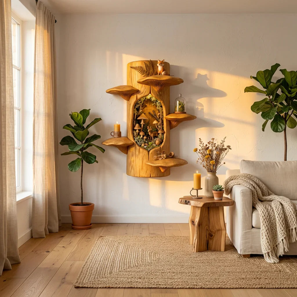 Wandplank van massief hout met bosnis en zes paddenstoel plateaus