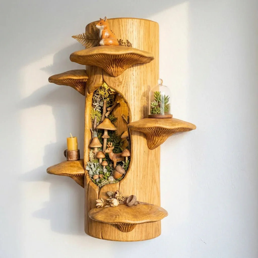 Wandplank van massief hout met bosnis en zes paddenstoel plateaus