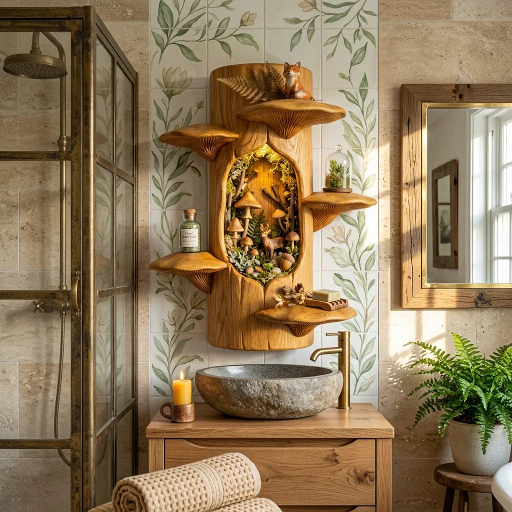 Wandplank van massief hout met bosnis en zes paddenstoel plateaus