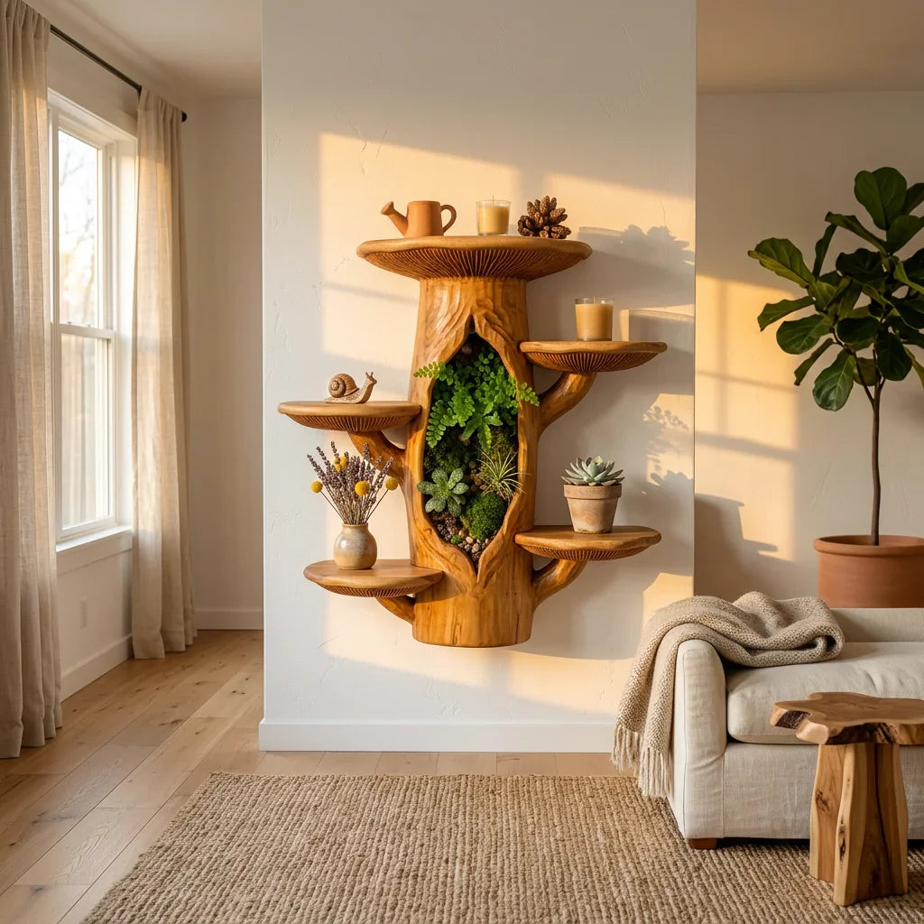 Houten boomstam wandplank met terrarium nis en paddenstoel plateaus