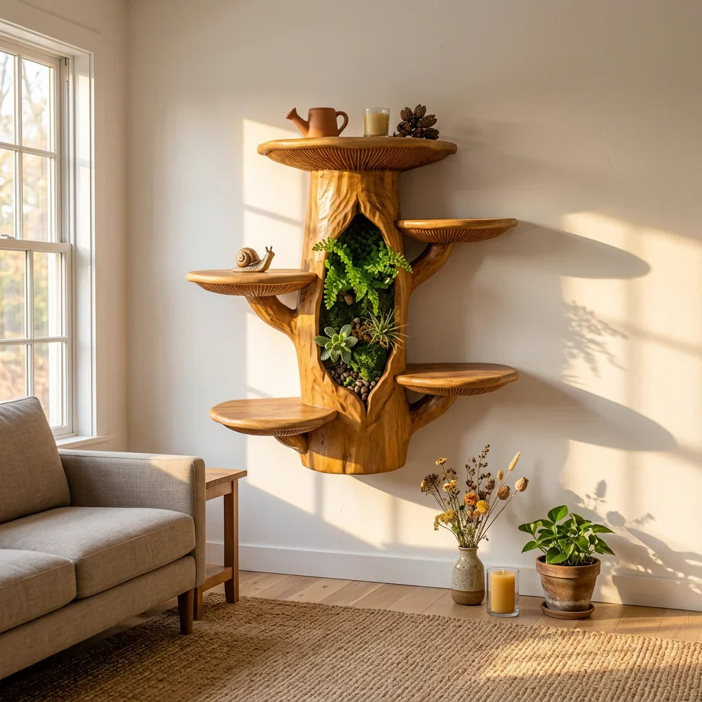 Houten boomstam wandplank met terrarium nis en paddenstoel plateaus