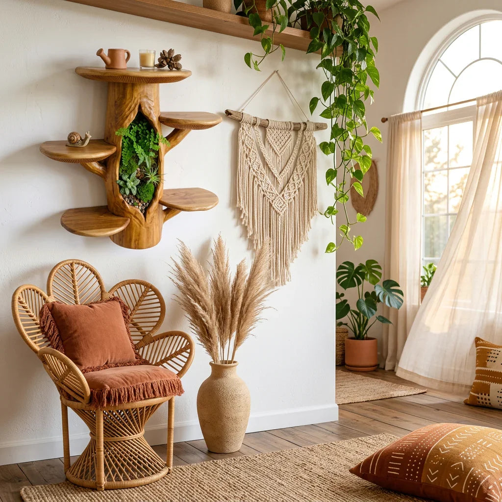 Houten boomstam wandplank met terrarium nis en paddenstoel plateaus