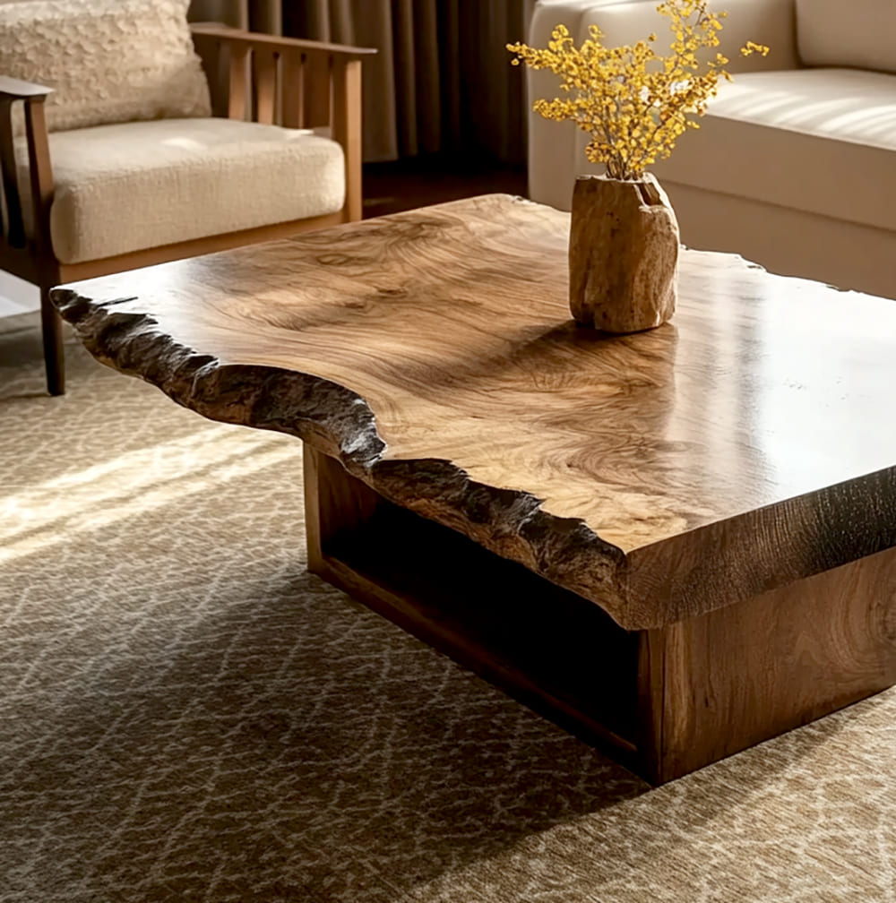 Organisch moderne massief houten salontafel met een krachtige vrije vorm