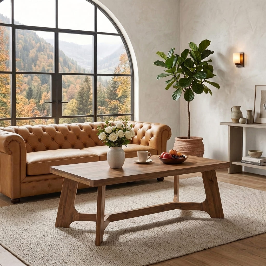Rustiek luxe salontafel vervaardigd uit massief hout in een gezellige woonkamer