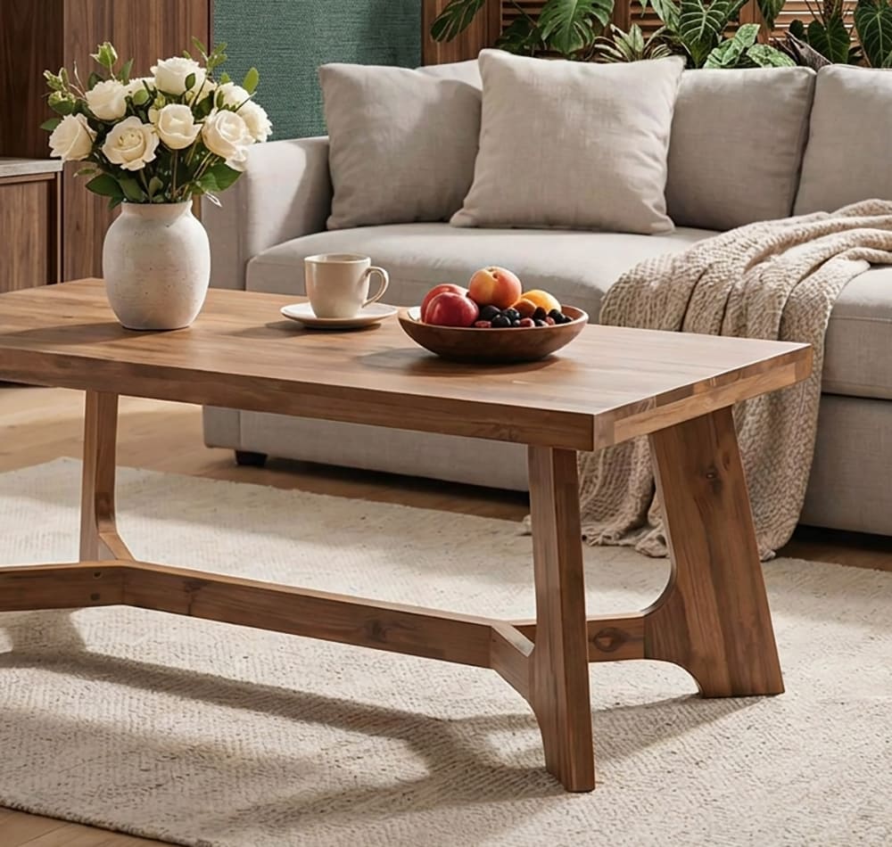 Handgemaakte massief houten salontafel met boomrand houtnerf en sculpturale vorm