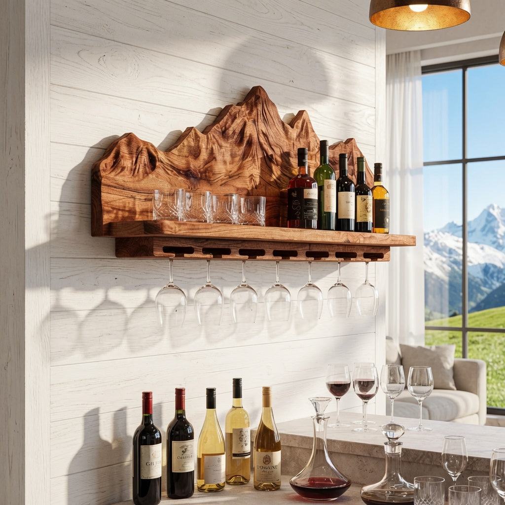 Houten wijnplank met bergmotief als blikvanger in de thuisbar