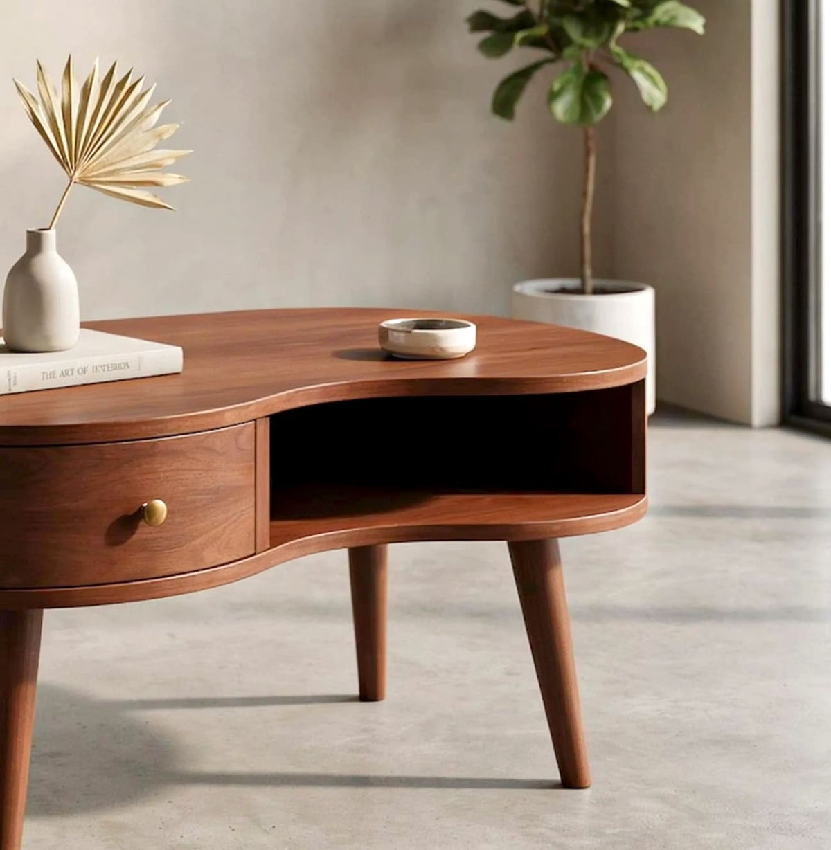 Moderne gebogen massief houten salontafel met praktische lade