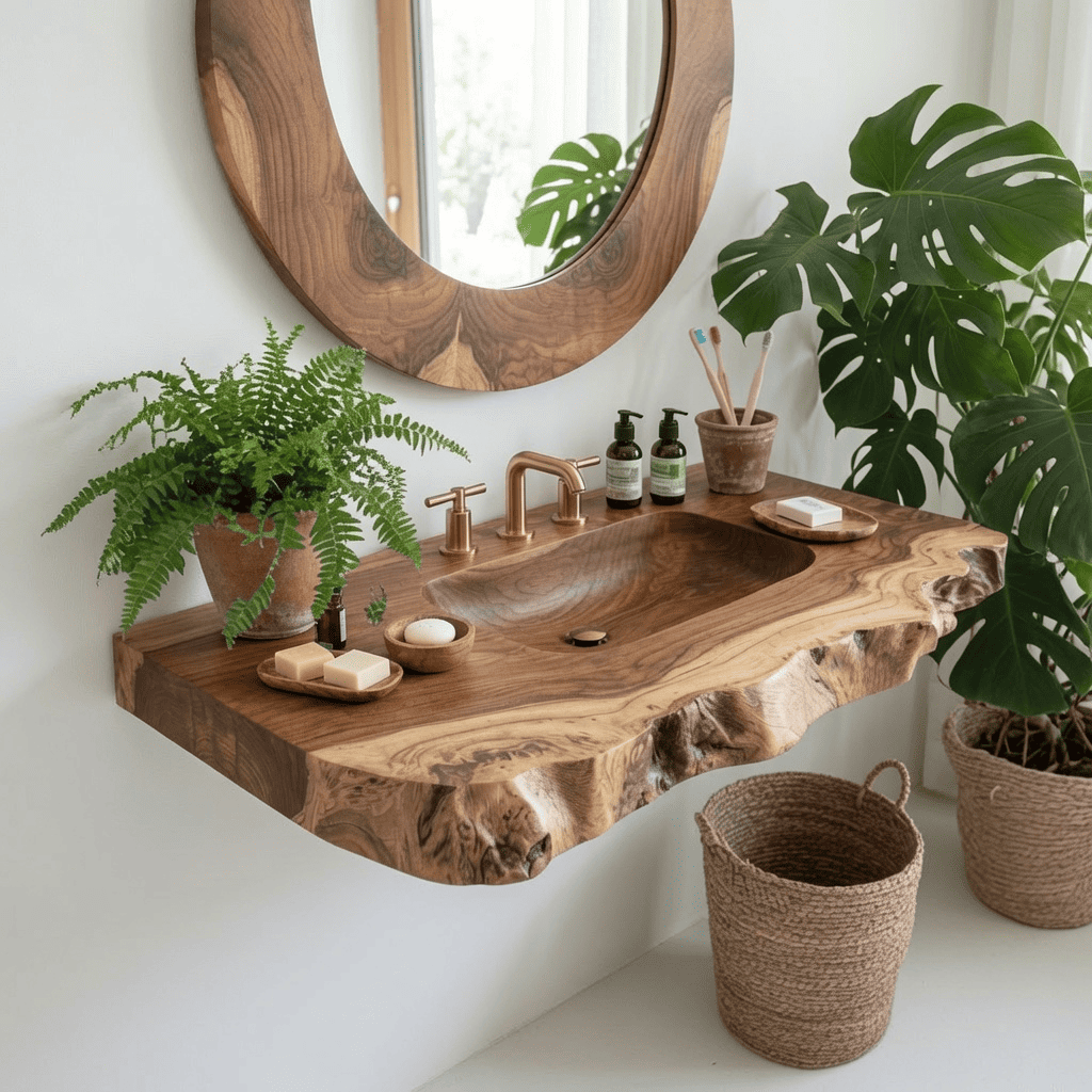 Handgemaakt houten zwevend wastafelblad voor een wellness-badkamer